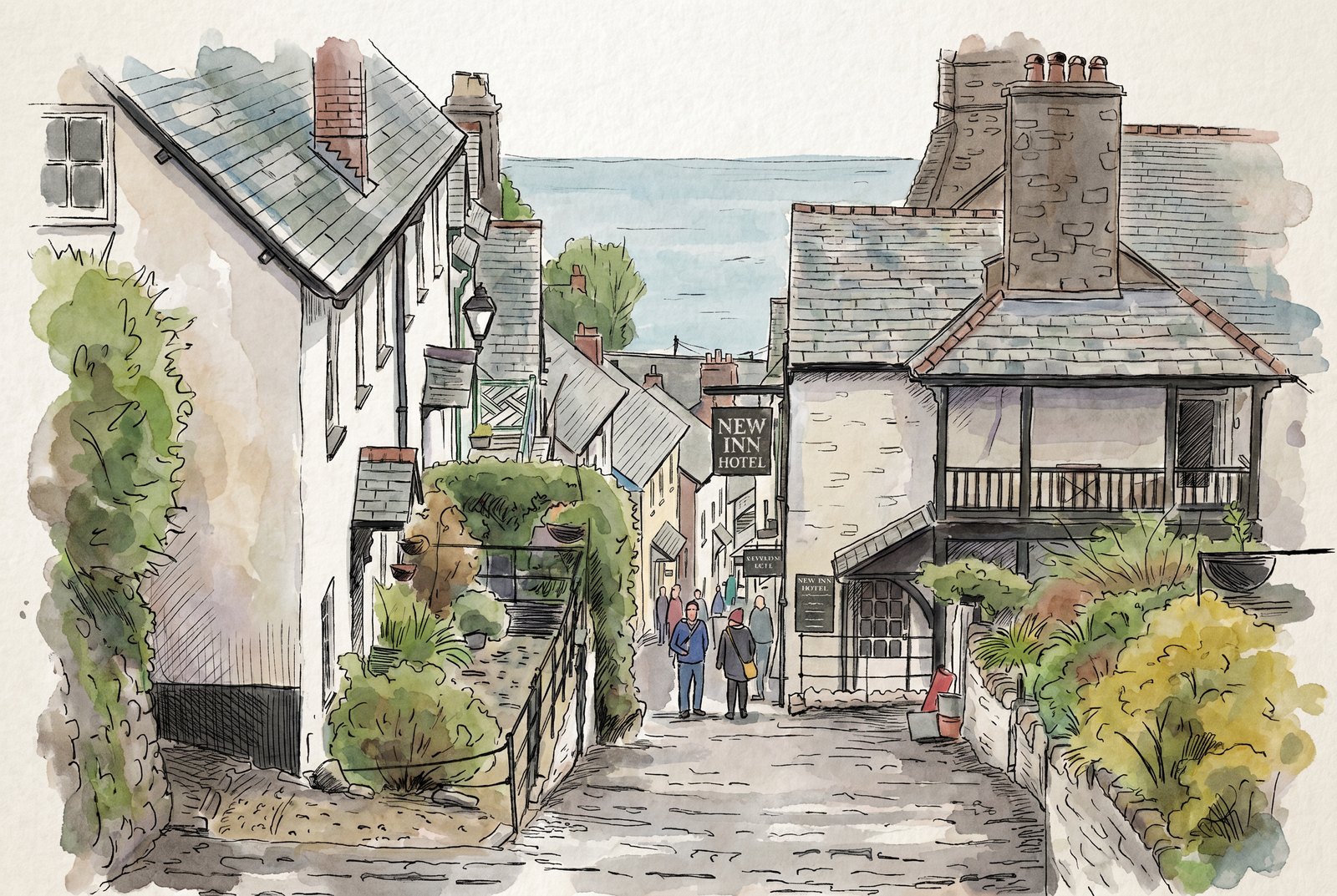 Ink and watercolor interpretation of the New Inn hotel street in Clovelly